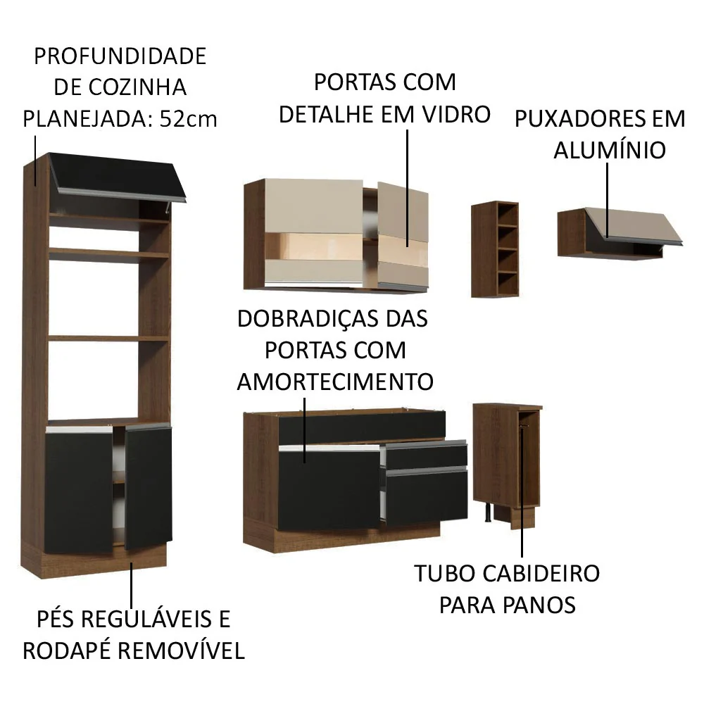 Armário de Cozinha Completa 290cm Rustic/Preto/Crema Safira Madesa 13 - Image 3