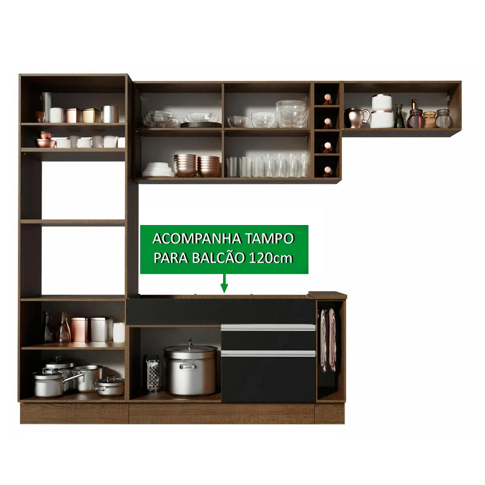 Armário de Cozinha Completa 290cm Rustic/Preto/Crema Safira Madesa 13 - Image 4