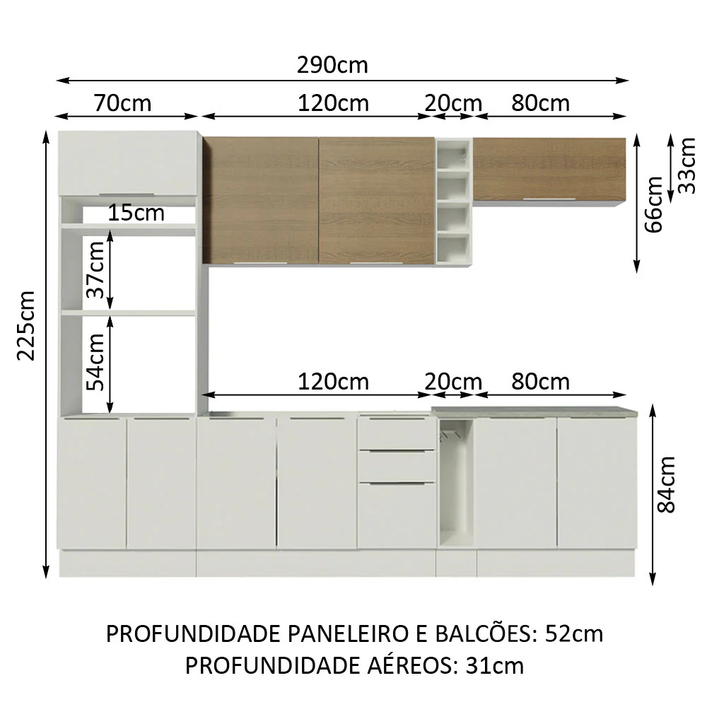 Armário de Cozinha Completa 290cm Branco/Branco/Rustic Stella Madesa 01 - Image 3