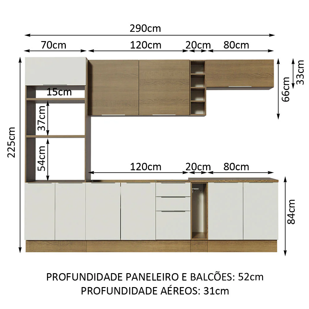 Armário de Cozinha Completa 290cm Rustic/Branco/Rustic Stella Madesa 01 - Image 3