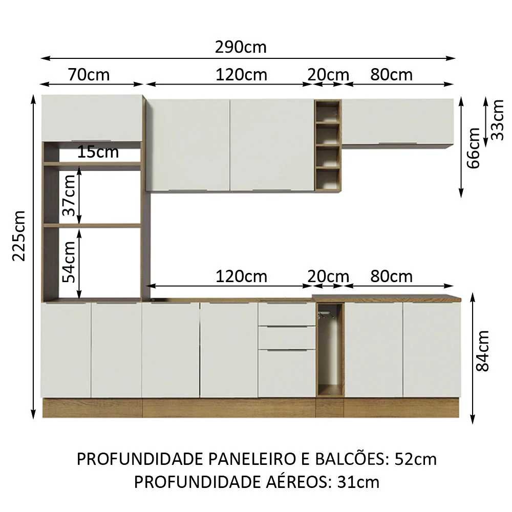 Armário de Cozinha Completa 290cm Rustic/Branco Stella Madesa 01 - Image 3