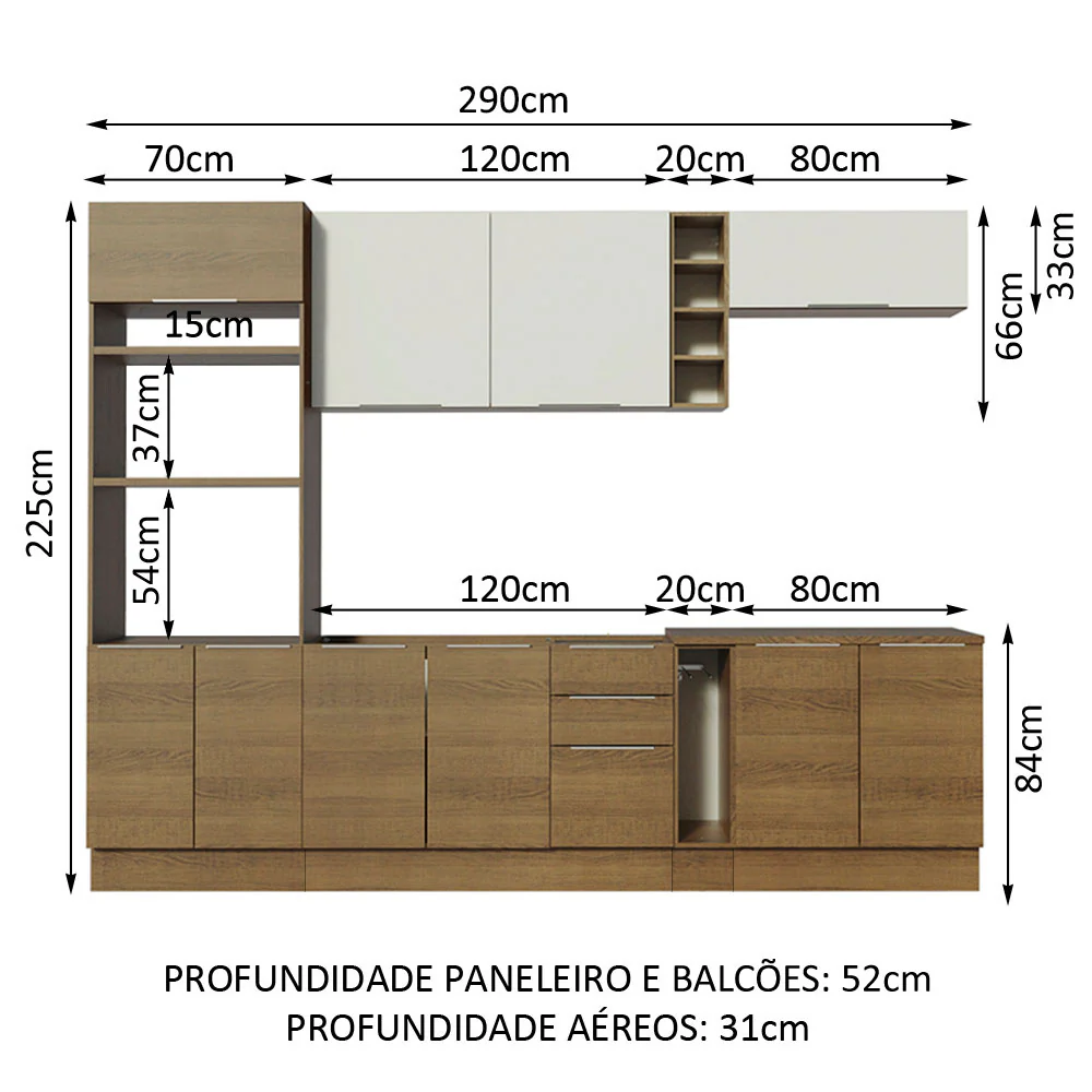 Armário de Cozinha Completa 290cm Rustic/Rustic/Branco Stella Madesa 01 - Image 3
