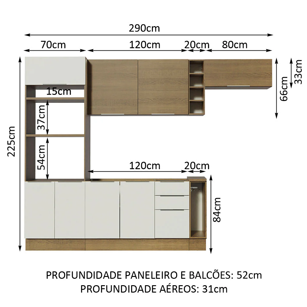 Armário de Cozinha Completa 290cm Rustic/Branco/Rustic Stella Madesa 02 - Image 3
