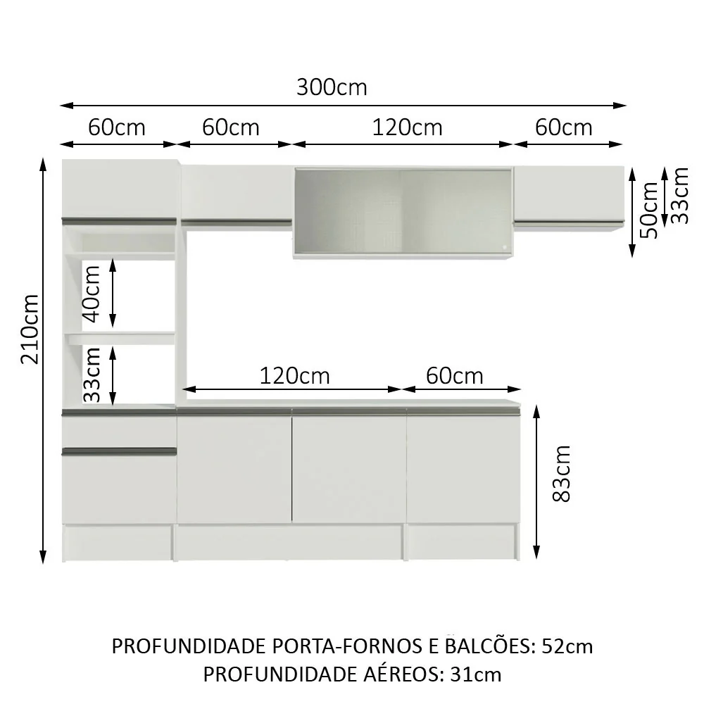 Armário de Cozinha Completa 300cm Branco Topazio Madesa 01 - Image 3