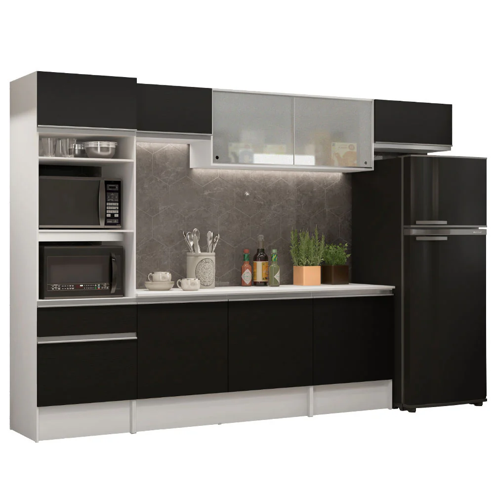 Armário de Cozinha Completa 300cm Branco/Preto Topazio Madesa 01 - Image 2