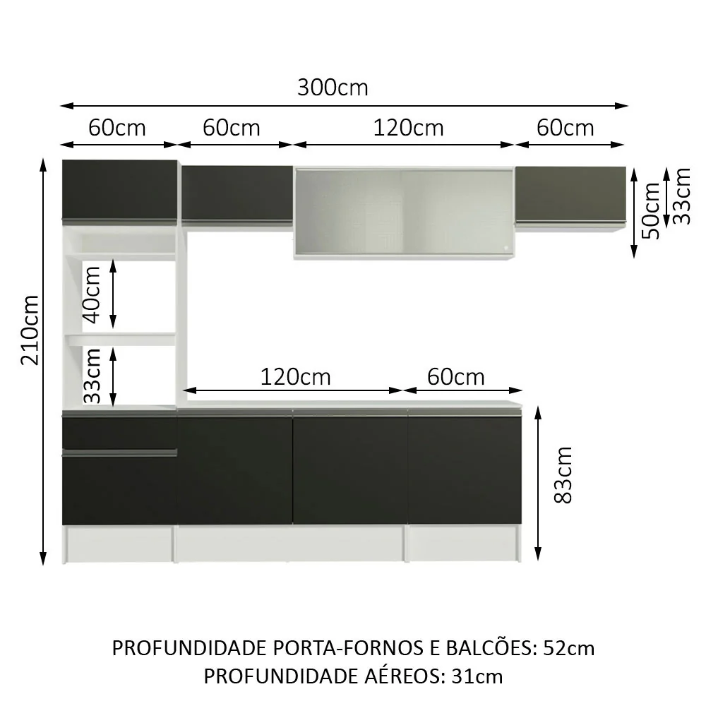 Armário de Cozinha Completa 300cm Branco/Preto Topazio Madesa 01 - Image 3