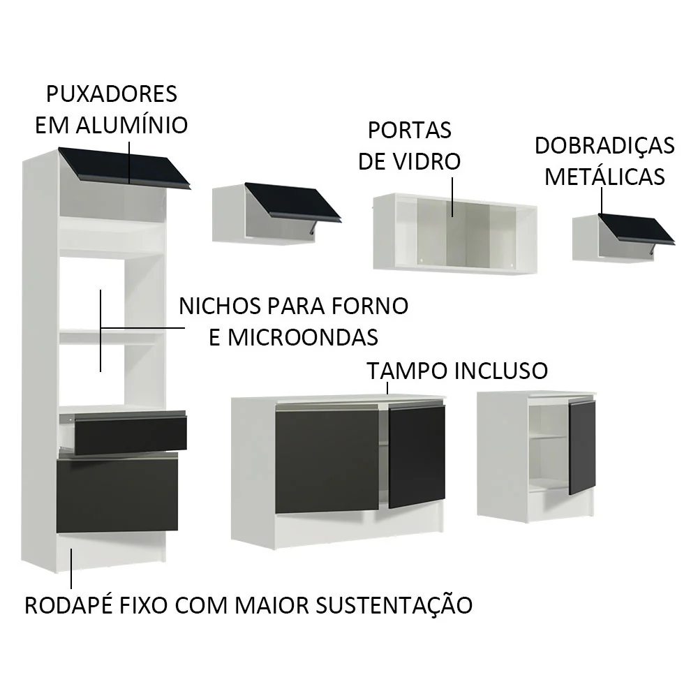 Armário de Cozinha Completa 300cm Branco/Preto Topazio Madesa 01 - Image 4