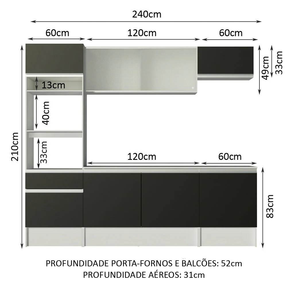 Armário de Cozinha Completa 240cm Branco/Preto Topazio Madesa - Image 3