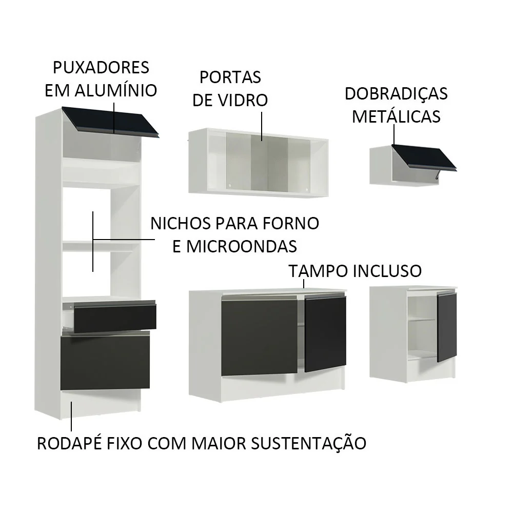 Armário de Cozinha Completa 240cm Branco/Preto Topazio Madesa - Image 4