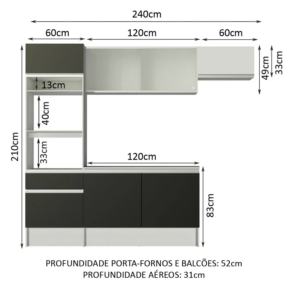 Armário de Cozinha Completa 240cm Branco/Preto/Branco Topazio Madesa 01 - Image 3