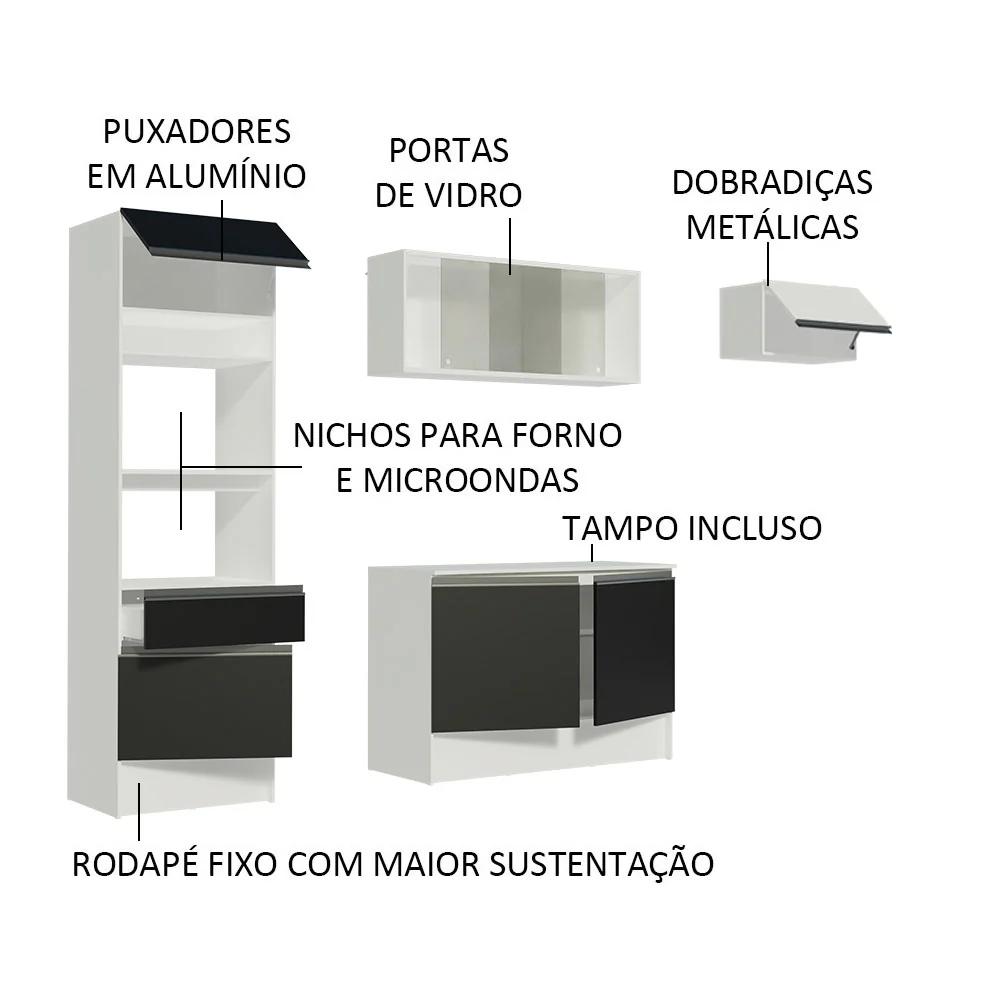 Armário de Cozinha Completa 240cm Branco/Preto/Branco Topazio Madesa 01 - Image 4