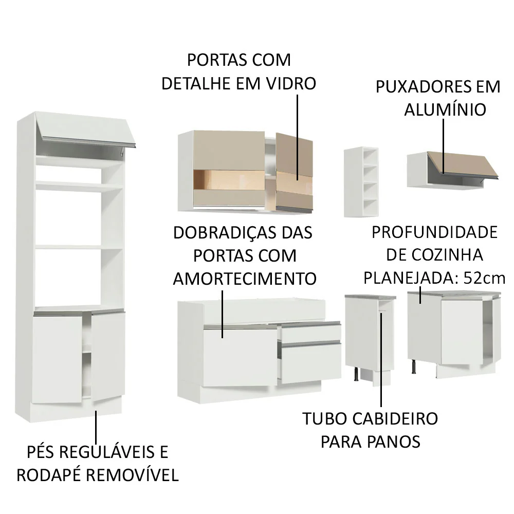 Armário de Cozinha Completa 290cm Branco/Branco/Crema Vicenza Madesa 01 - Image 4