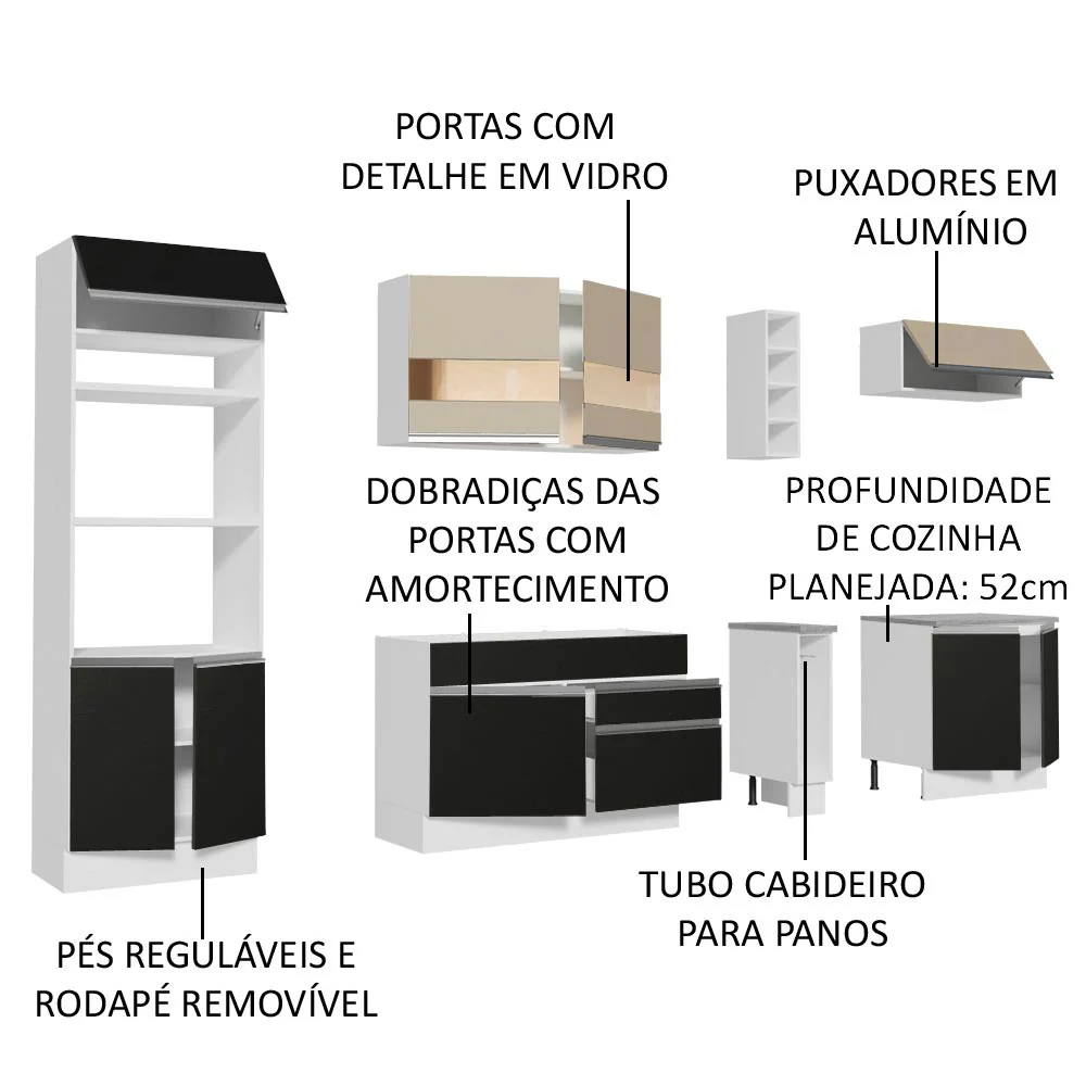 Armário de Cozinha Completa 290cm Branco/Preto/Crema Vicenza Madesa 06 - Image 4