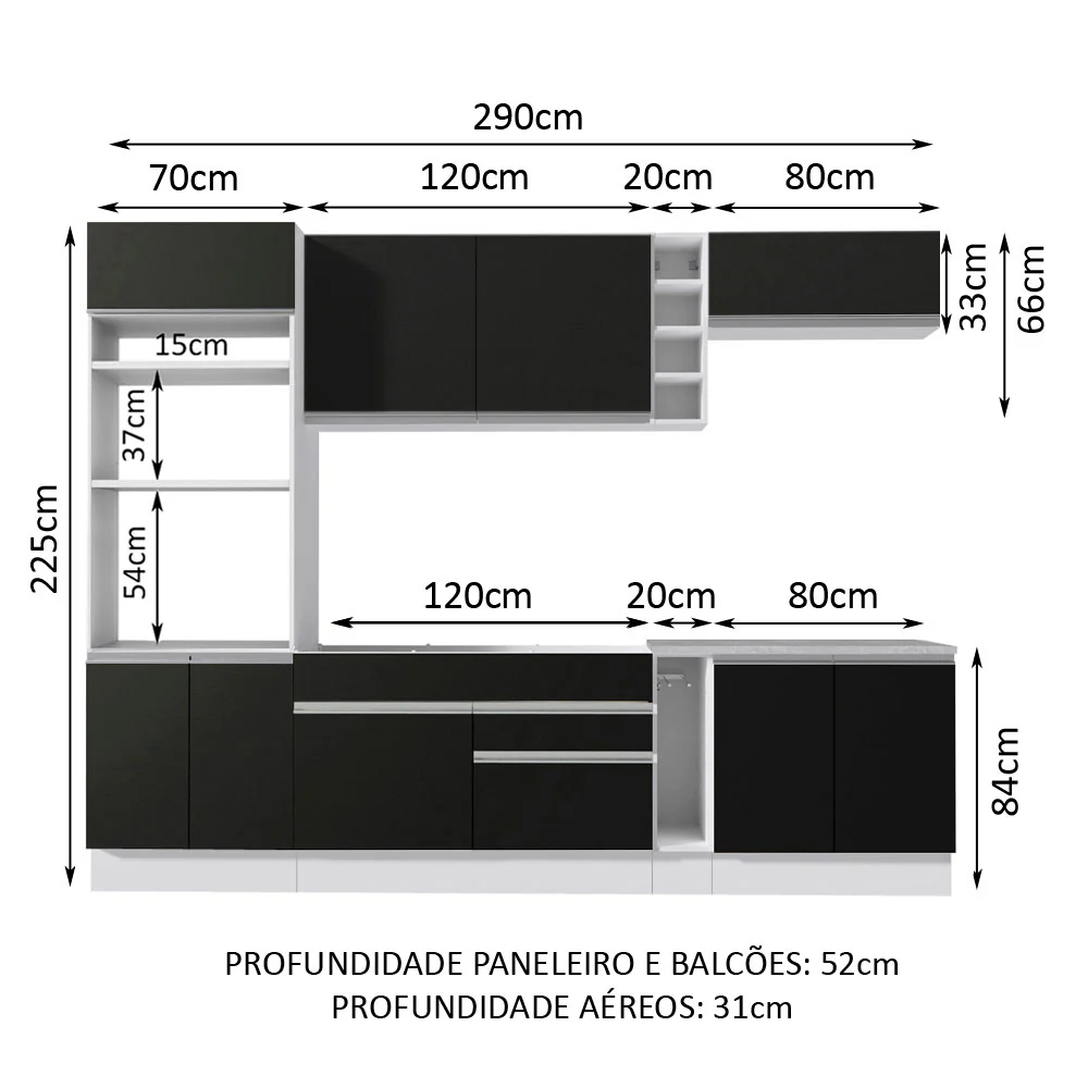 Armário de Cozinha Completa 290cm Branco/Preto Vicenza Madesa 02 - Image 3