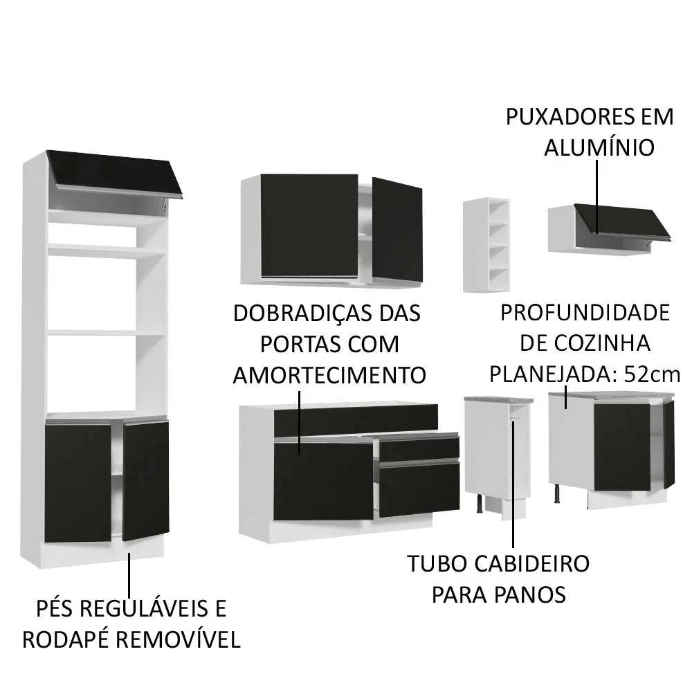 Armário de Cozinha Completa 290cm Branco/Preto Vicenza Madesa 02 - Image 4