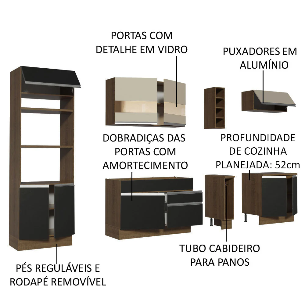Armário de Cozinha Completa 290cm Rustic/Preto/Crema Vicenza Madesa 06 - Image 4