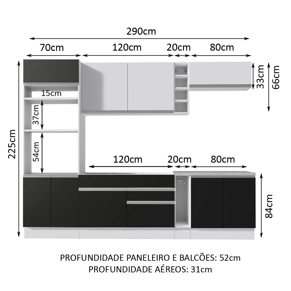 Armário de Cozinha Completa 290cm Branco/Preto Vicenza Madesa 16 - Image 2