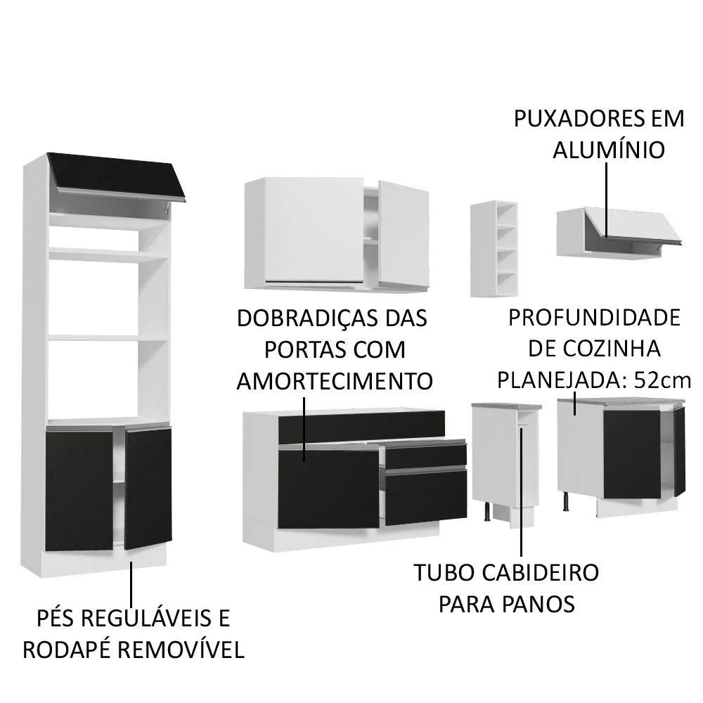 Armário de Cozinha Completa 290cm Branco/Preto Vicenza Madesa 16 - Image 3