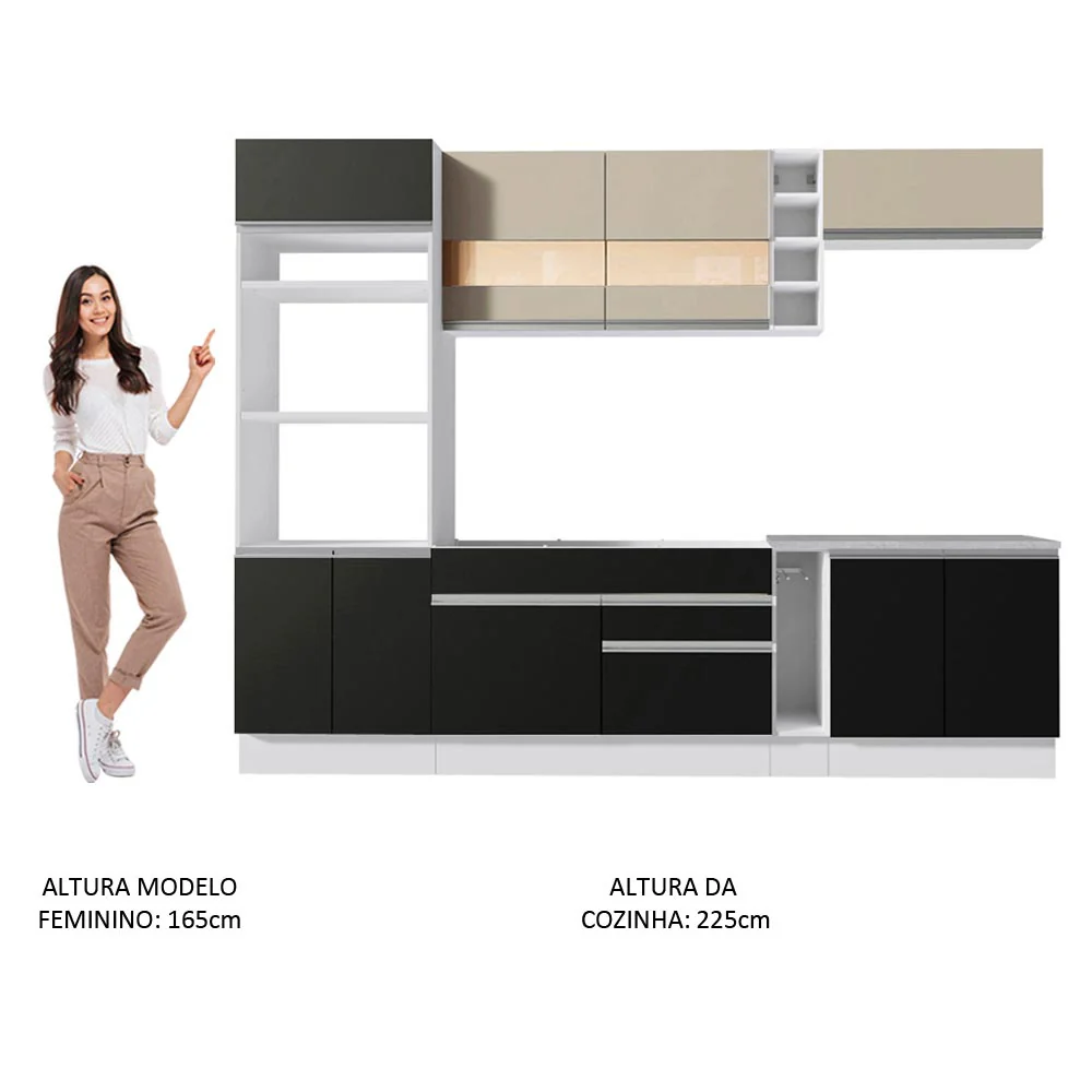 Armário de Cozinha Completa 290cm Branco/Preto/Crema Vicenza Madesa 15 - Image 5