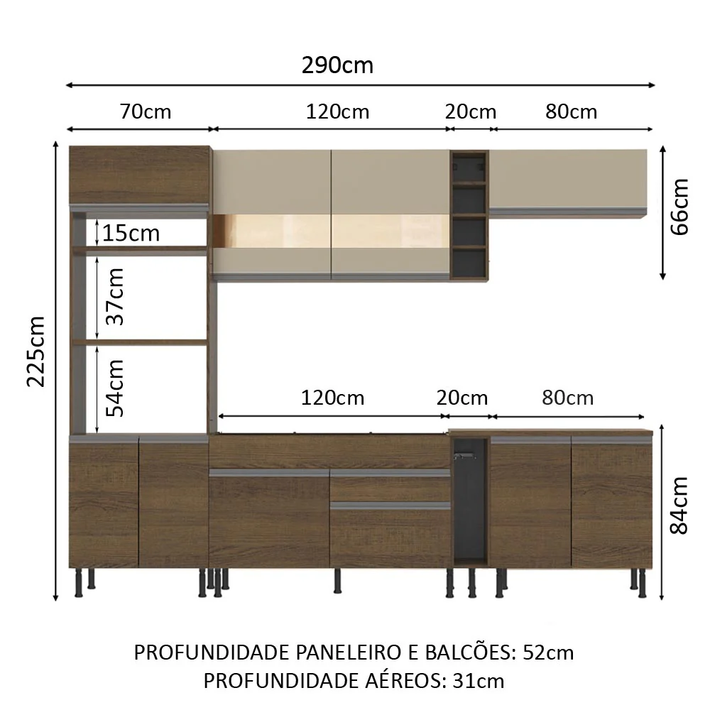 Armário de Cozinha Completa 290cm Rustic/Rustic/Crema Vicenza Madesa 11 - Image 2