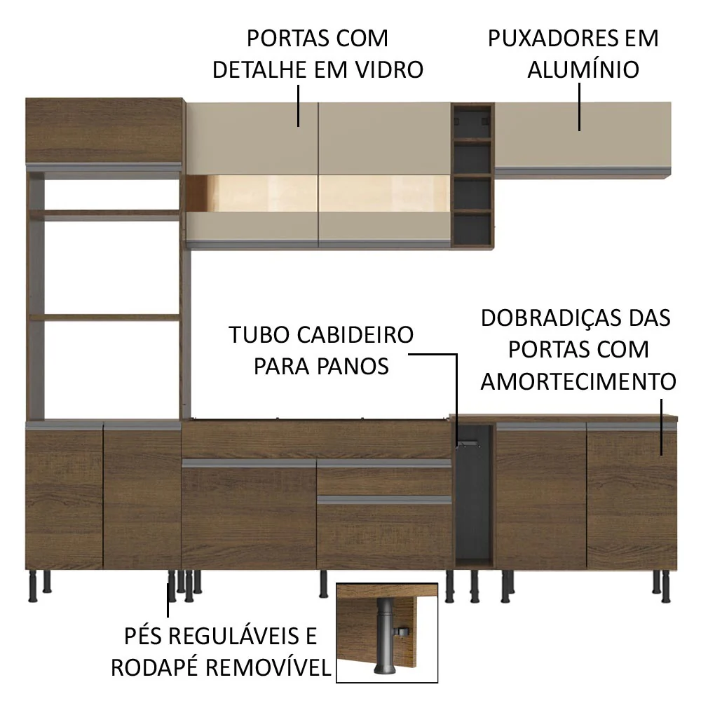 Armário de Cozinha Completa 290cm Rustic/Rustic/Crema Vicenza Madesa 11 - Image 3