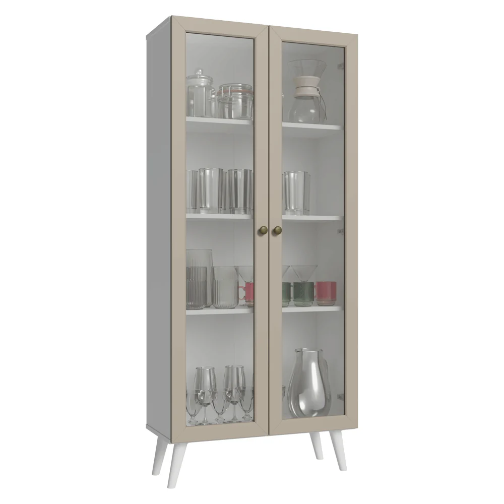 Cristaleira 70 cm 2 Portas de Vidro com Pés Cônicos Branco/Crema/Branco Vik Madesa - Image 2