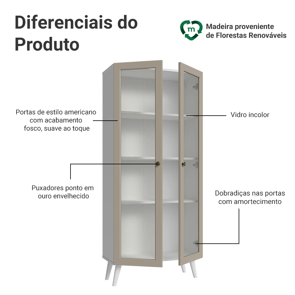Cristaleira 70 cm 2 Portas de Vidro com Pés Cônicos Branco/Crema/Branco Vik Madesa - Image 4