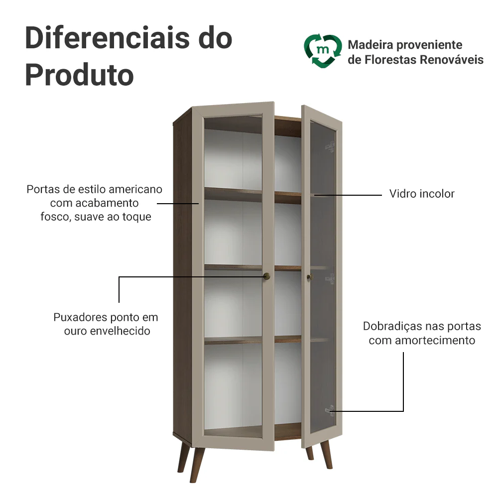 Cristaleira 70 cm 2 Portas de Vidro com Pés Cônicos Rustic/Crema/Rustic Vik Madesa - Image 4