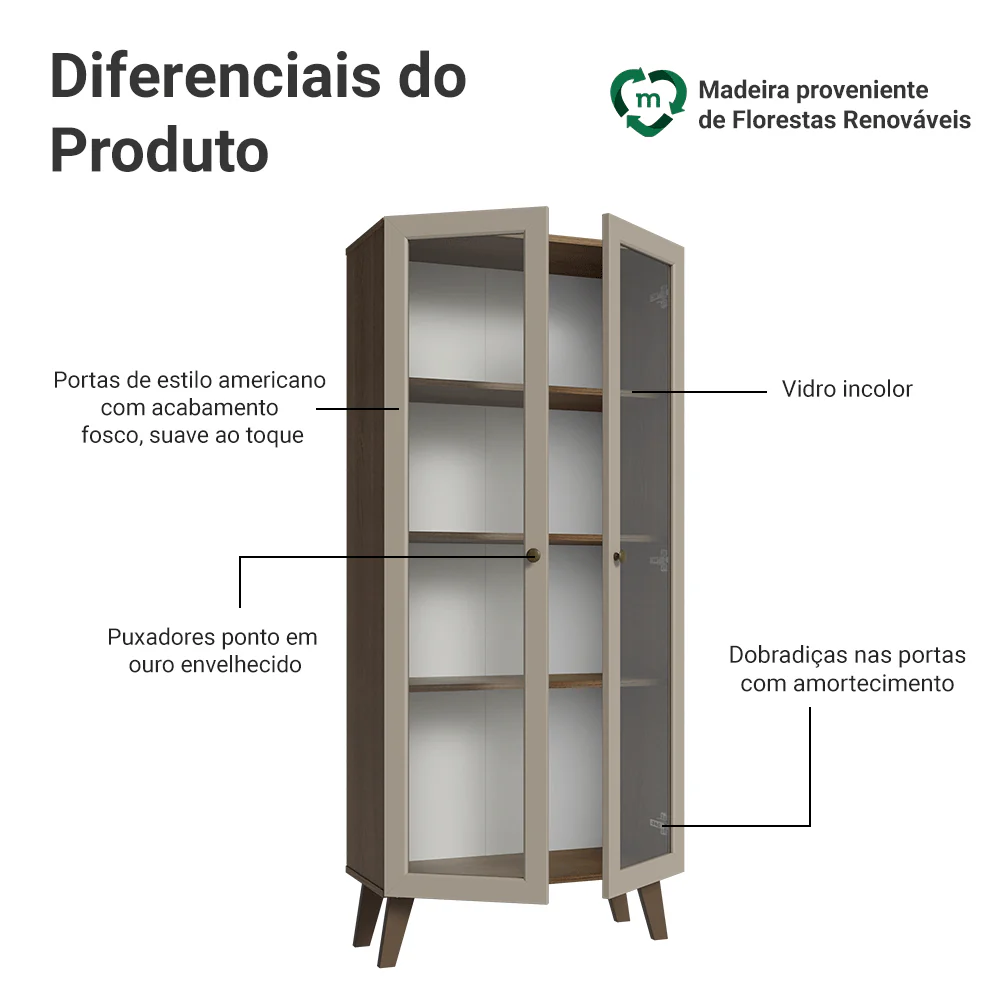 Cristaleira 70 cm 2 Portas de Vidro com Pés Trapézio Rustic/Crema/Rustic Vik Madesa - Image 4