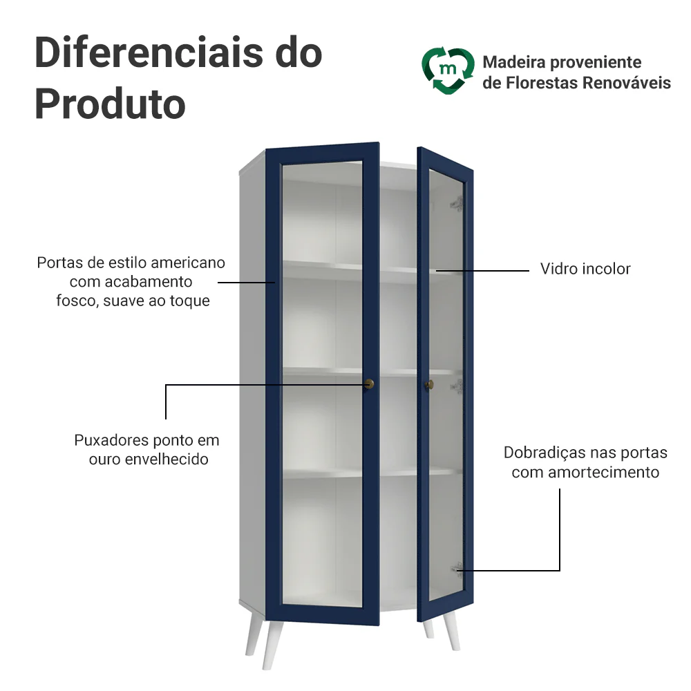 Cristaleira 70 cm 2 Portas de Vidro com Pés Cônicos Branco/Azul/Branco Vik Madesa - Image 4
