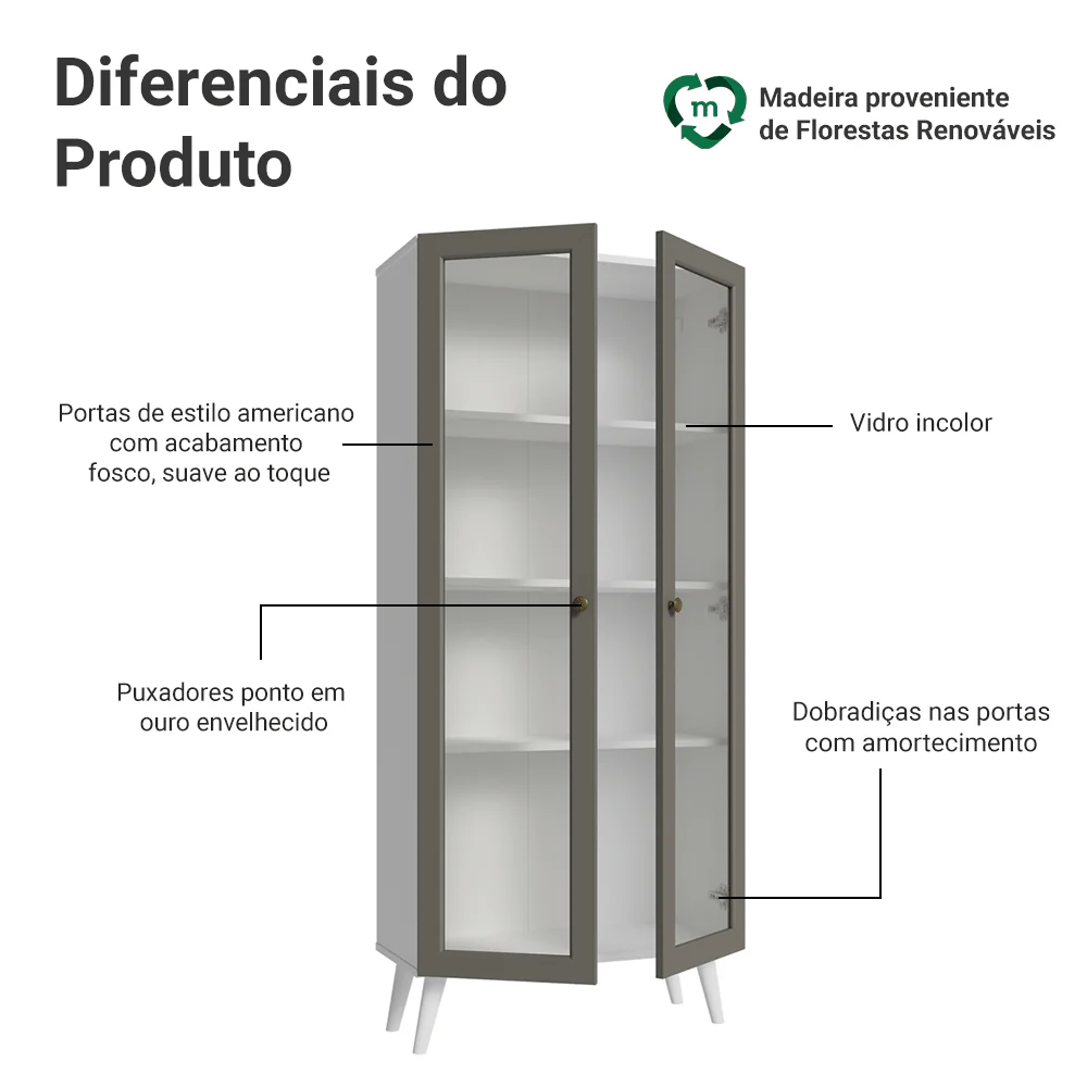 Cristaleira 70 cm 2 Portas de Vidro com Pés Cônicos Branco/Cinza/Branco Vik Madesa - Image 4