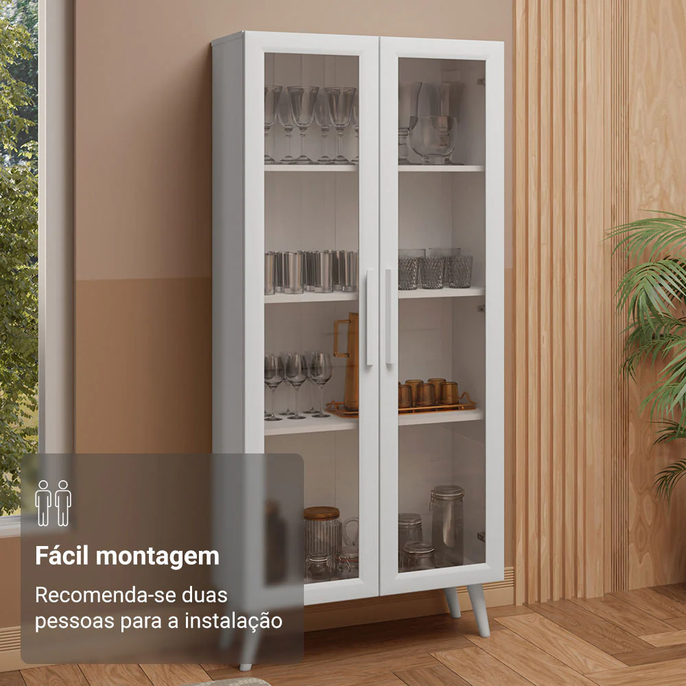 Cristaleira 70 cm 2 Portas de Vidro com Pés Cônicos Branco Madesa - Image 5