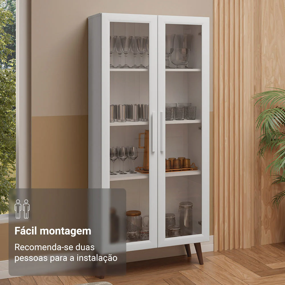 Cristaleira 70 cm 2 Portas de Vidro com Pés Cônicos Branco/Marrom Madesa - Image 5