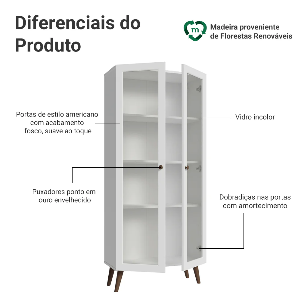 Cristaleira 70 cm 2 Portas de Vidro com Pés Cônicos Branco/Rustic Vik Madesa - Image 4
