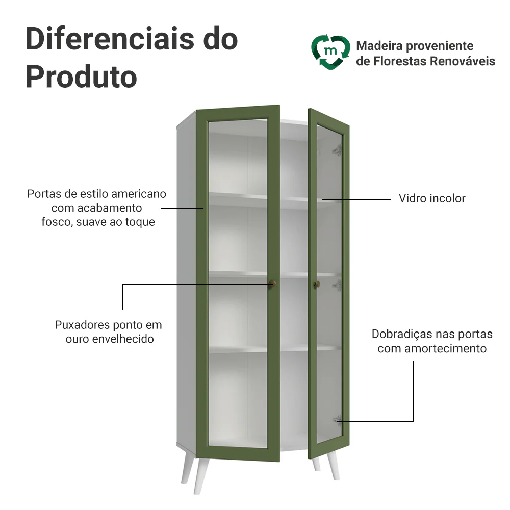 Cristaleira 70 cm 2 Portas de Vidro com Pés Cônicos Branco/Verde/Branco Vik Madesa - Image 4