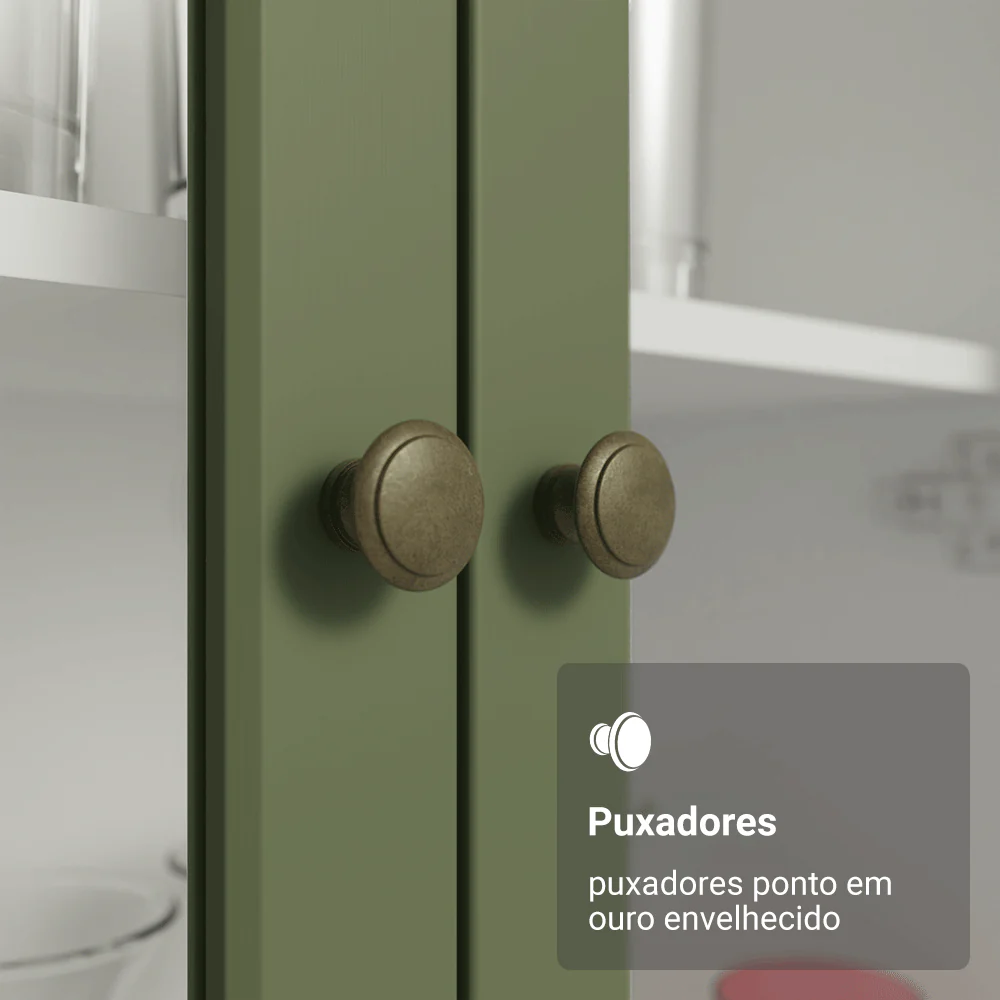Cristaleira 70 cm 2 Portas de Vidro com Pés Cônicos Branco/Verde/Branco Vik Madesa - Image 6