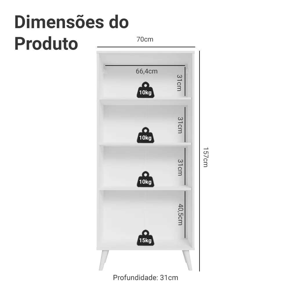Cristaleira 70 cm 2 Portas de Vidro com Pés Cônicos Branco Vik Madesa - Image 3