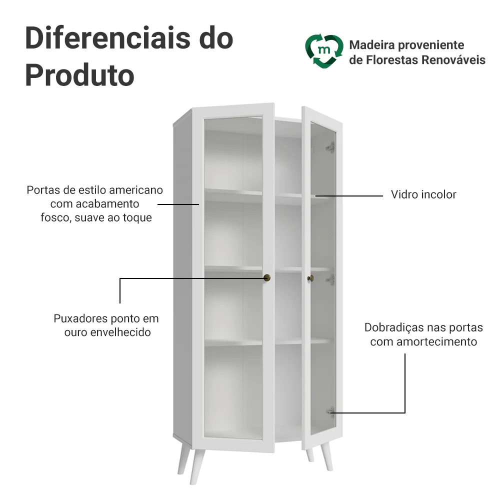 Cristaleira 70 cm 2 Portas de Vidro com Pés Cônicos Branco Vik Madesa - Image 4