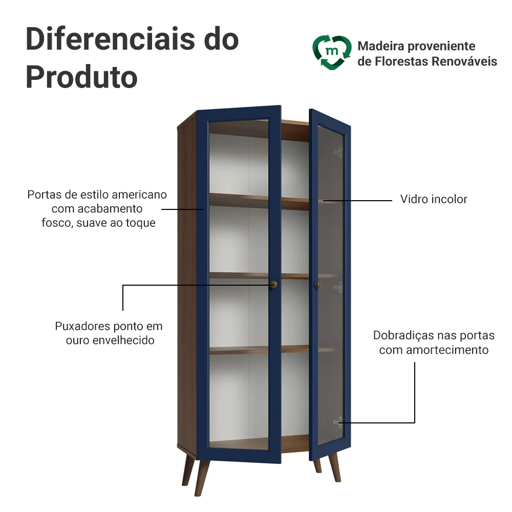 Cristaleira 70 cm 2 Portas de Vidro com Pés Cônicos Rustic/Azul/Rustic Vik Madesa - Image 4