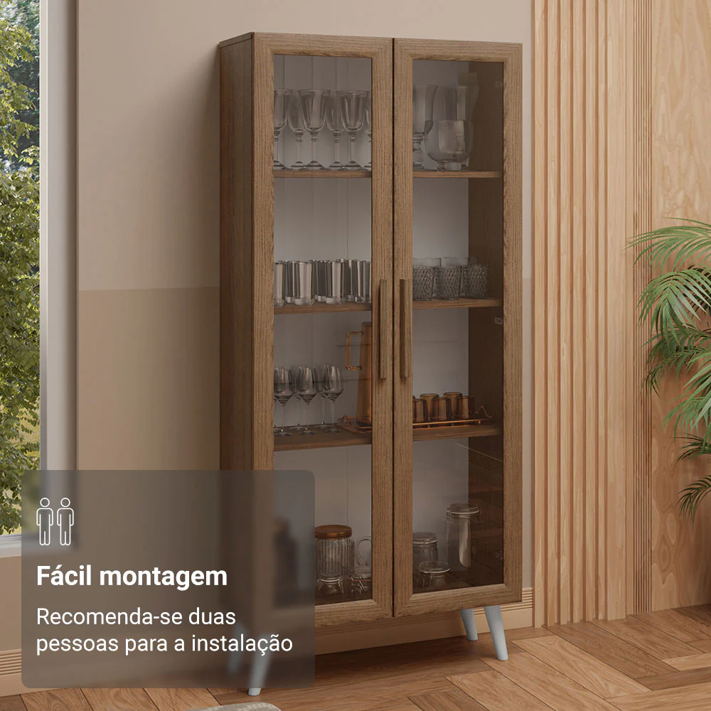 Cristaleira 70 cm 2 Portas de Vidro com Pés Cônicos Rustic/Branco Madesa - Image 5