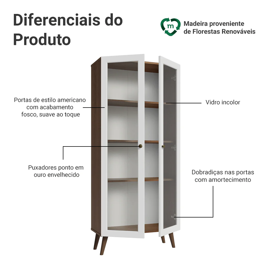 Cristaleira 70 cm 2 Portas de Vidro com Pés Cônicos Rustic/Branco/Rustic Vik Madesa - Image 4