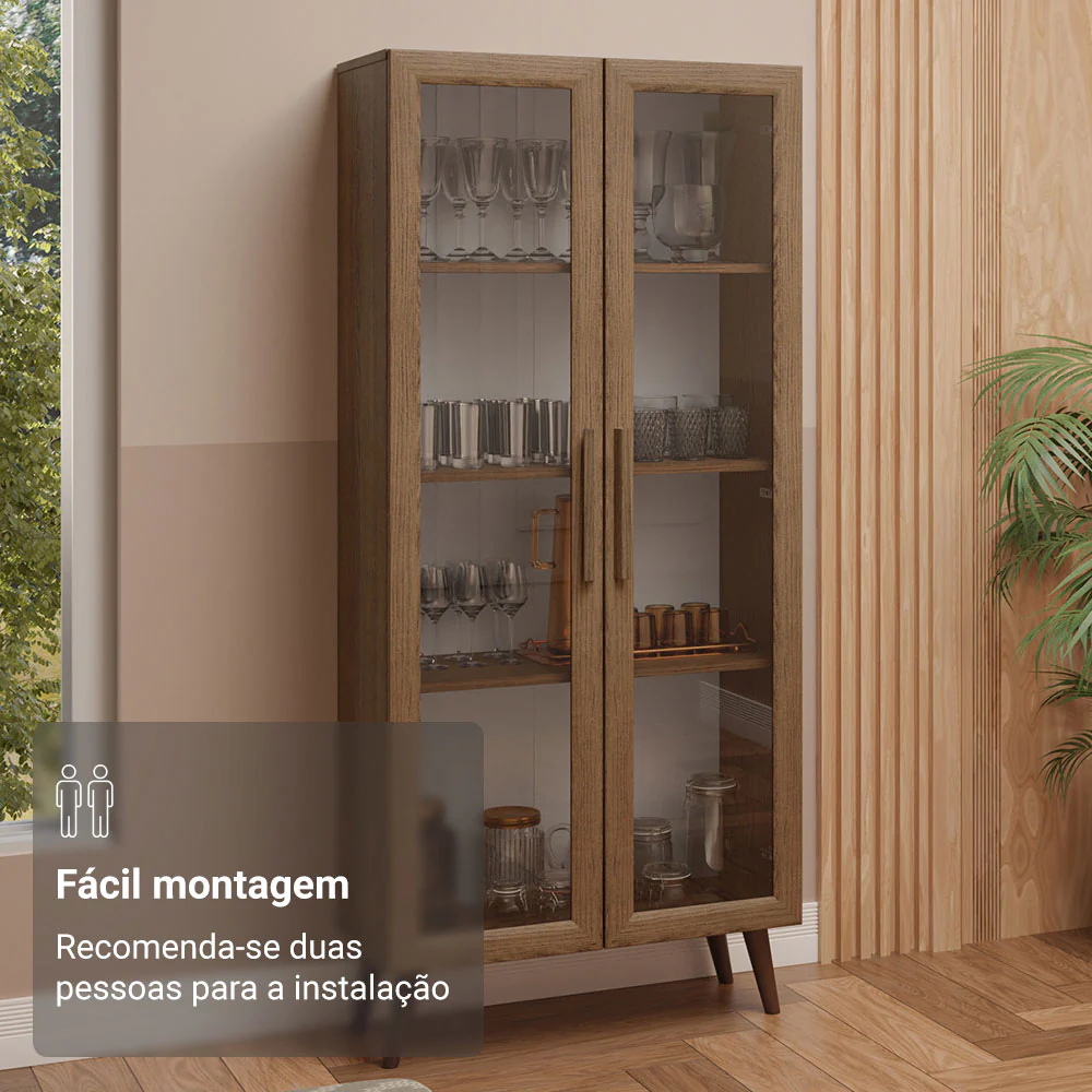 Cristaleira 70 cm 2 Portas de Vidro com Pés Cônicos Rustic/Marrom Madesa - Image 5