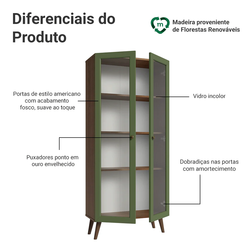 Cristaleira 70 cm 2 Portas de Vidro com Pés Cônicos Rustic/Verde/Rustic Vik Madesa - Image 4