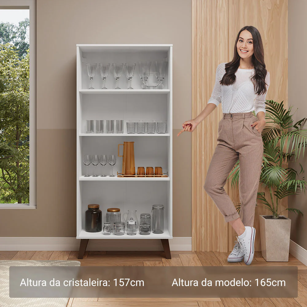 Cristaleira 70 cm 2 Portas de Vidro com Pés Trapézio Branco/Marrom Madesa - Image 4