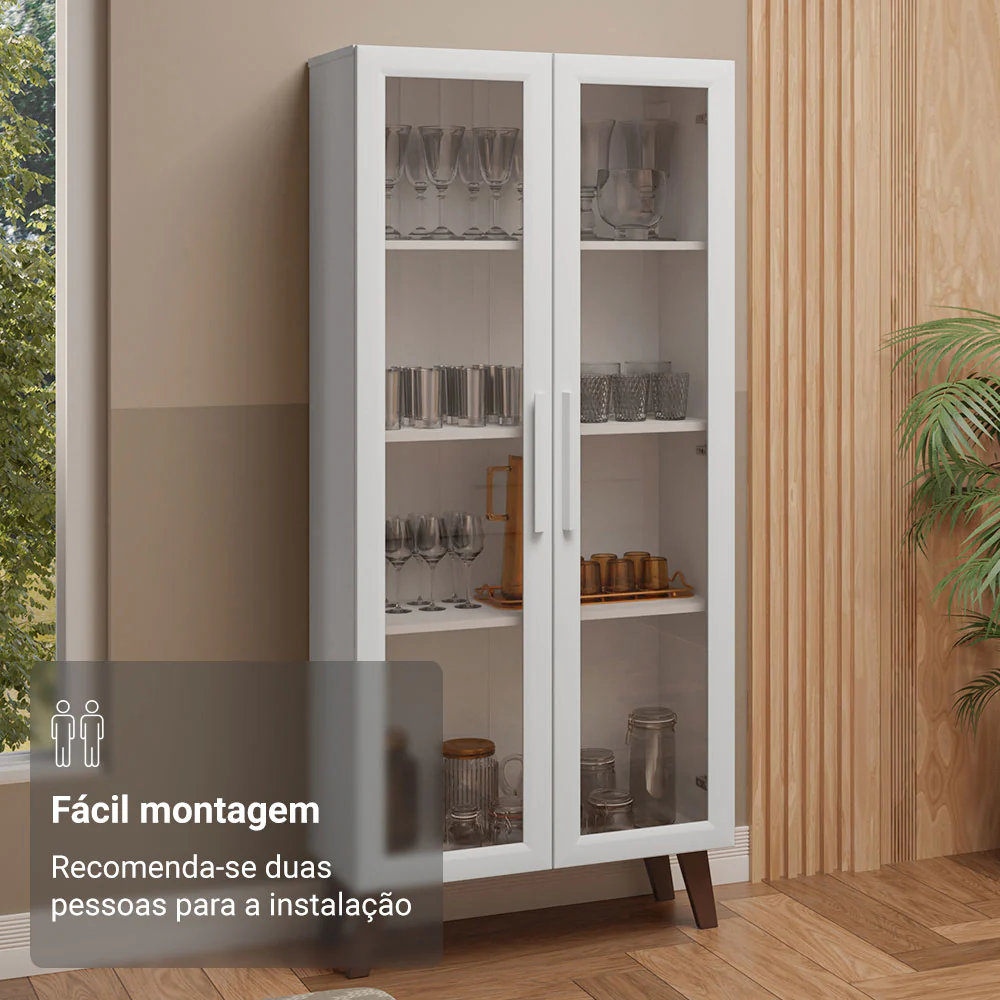 Cristaleira 70 cm 2 Portas de Vidro com Pés Trapézio Branco/Marrom Madesa - Image 5