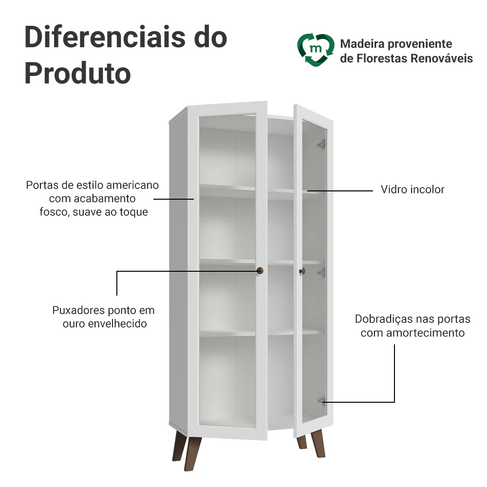 Cristaleira 70 cm 2 Portas de Vidro com Pés Trapézio Branco/Rustic Vik Madesa - Image 4