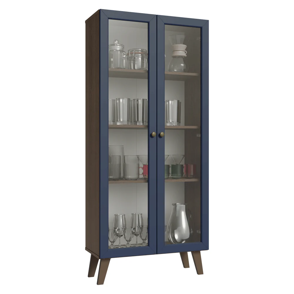 Cristaleira 70 cm 2 Portas de Vidro com Pés Trapézio Rustic/Azul/Rustic Vik Madesa - Image 2