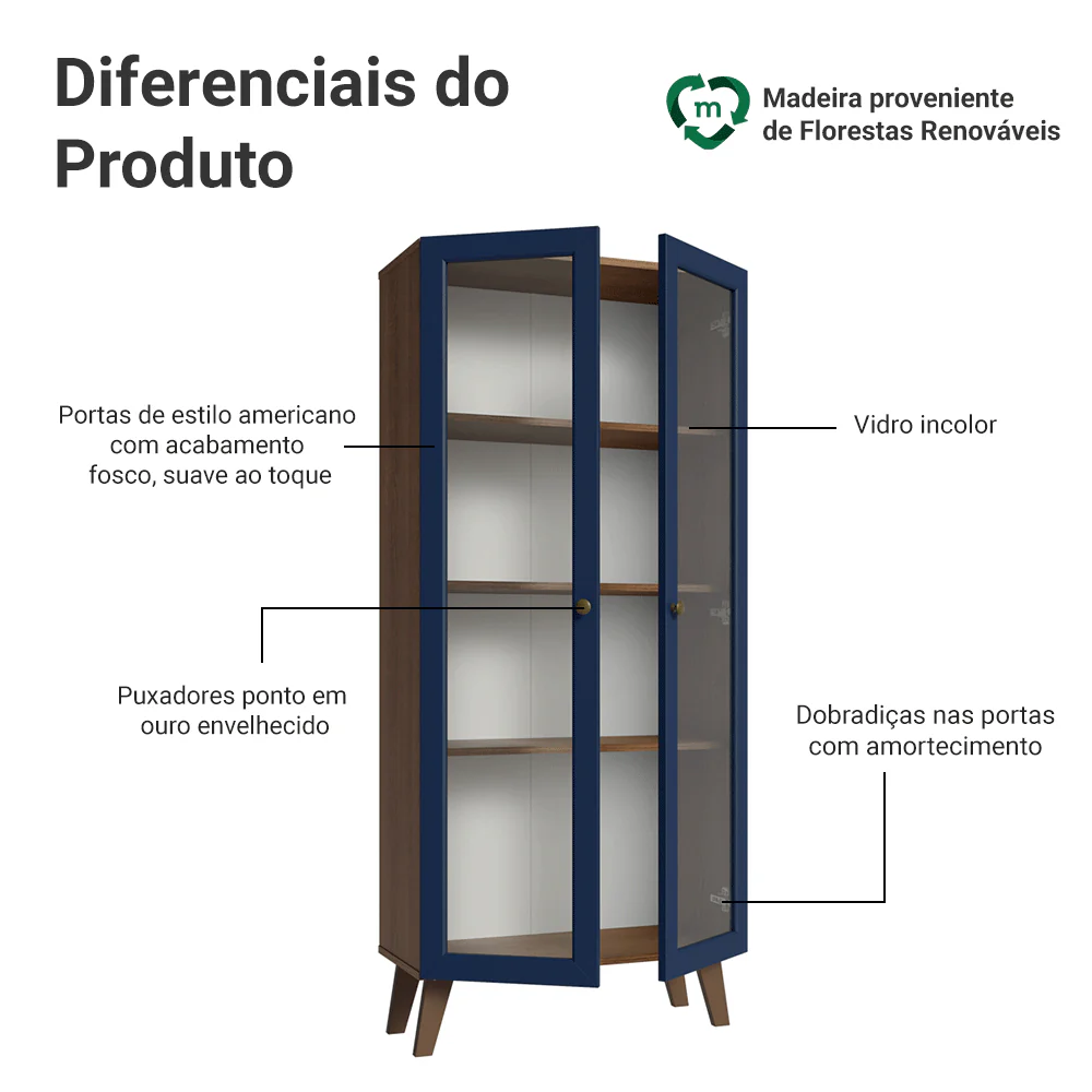 Cristaleira 70 cm 2 Portas de Vidro com Pés Trapézio Rustic/Azul/Rustic Vik Madesa - Image 4