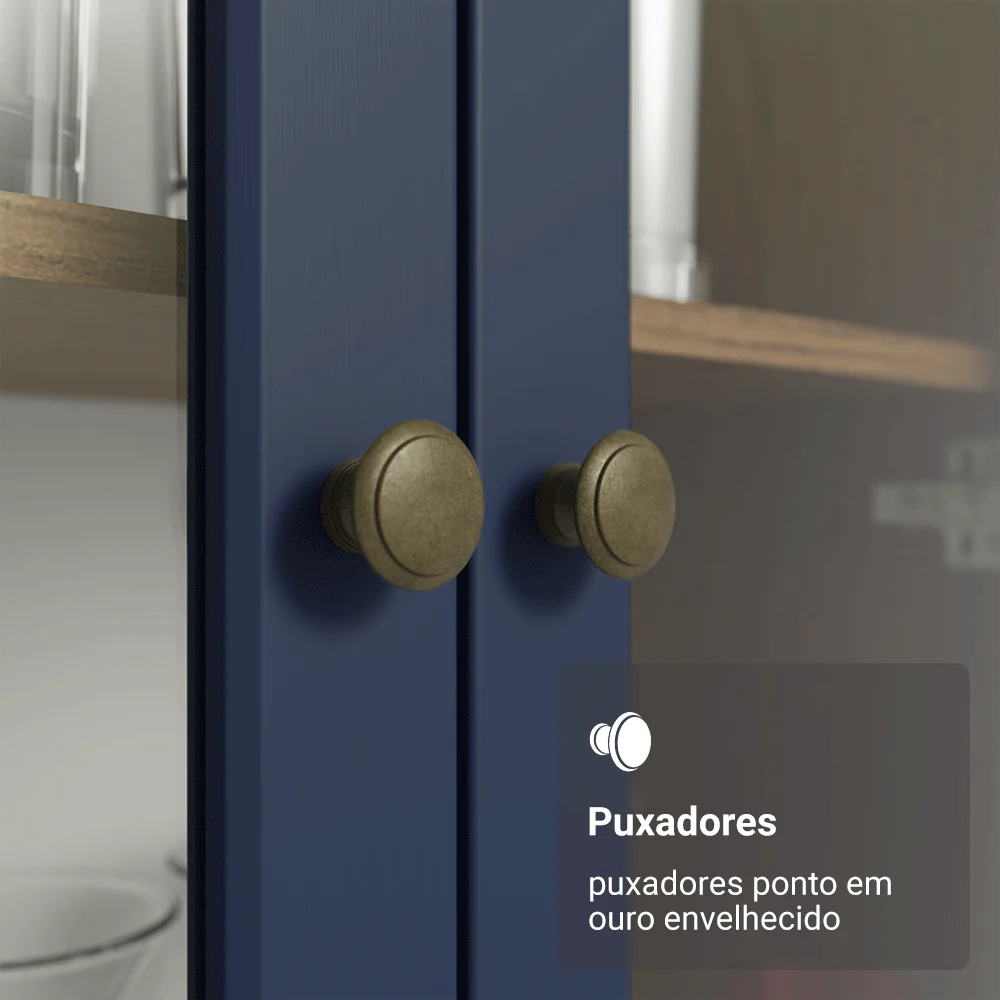 Cristaleira 70 cm 2 Portas de Vidro com Pés Trapézio Rustic/Azul/Rustic Vik Madesa - Image 6