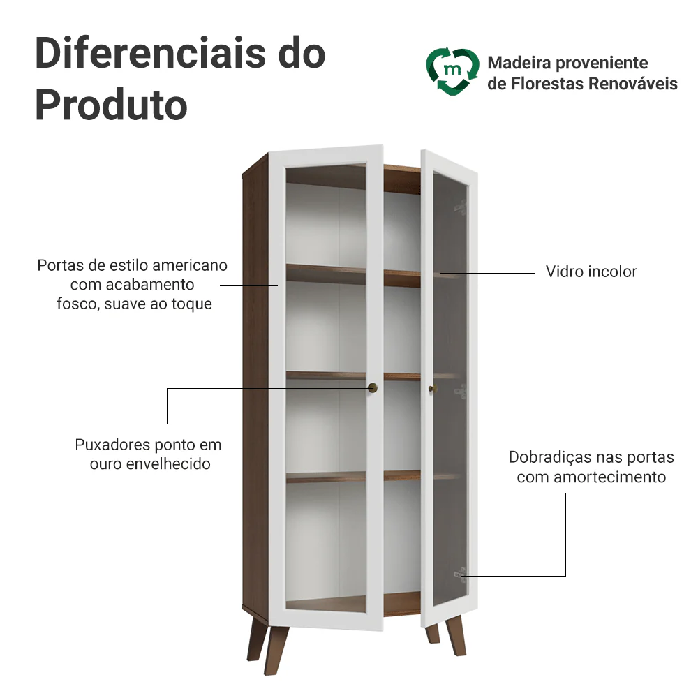 Cristaleira 70 cm 2 Portas de Vidro com Pés Trapézio Rustic/Branco/Rustic Vik Madesa - Image 4